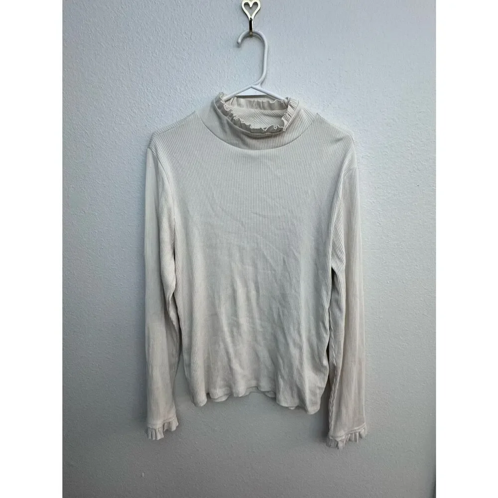 NWOT J. Crew Vintage Ribbed Ruffle Mock Neck Long-Sleeve Top - Cream